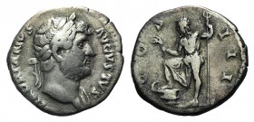 Hadrian (117-138). AR Denarius (18mm, 3.43g, 7h). Rome, 125-8. Laureate head r. R/ Neptune standing l., r. foot on prow, holding trident and dolphin. ...