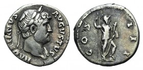 Hadrian (117-138). AR Denarius (17mm, 3.25g, 6h). Rome, 124-8. Laureate and draped bust r. R/ Roma or Virtus standing r., resting foot on helmet, hold...