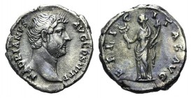 Hadrian (117-138). AR Denarius (16mm, 3.55g, 6h). Rome, c. 134-8. Bare head r. R/ Felicitas standing l., holding caduceus and cornucopia. RIC II 233; ...