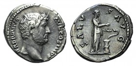 Hadrian (117-138). AR Denarius (18mm, 3.53g, 6h). Rome, 134-8. Laureate head r. R/ Salus standing r., feeding snake rising from altar out of patera. R...