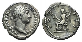 Hadrian (117-138). AR Denarius (18mm, 3.24g, 7h). Rome, 125-8. Laureate head r. R/ Victory seated l., holding wreath and palm, globe in exergue. RIC I...