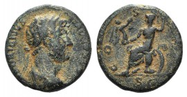 Hadrian (117-138). Æ Semis (17mm, 4.53g, 6h). Rome, c. 124-8. Laureate and draped bust r. R/ Roma seated l. on cuirass, holding Victory and spear; shi...
