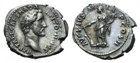 Antoninus Pius (138-161). AR Denarius (17mm, 3.44g, 6h). Rome, AD 139. Bare head r. R/ Fortuna standing l., holding rudder and cornucopia. RIC III 49;...