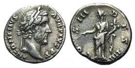Antoninus Pius (138-161). AR Denarius (16mm, 3.46g, 6h). Rome, AD 144. Laureate head r. R/ Pax standing l., holding branch and cornucopia. RIC III 117...