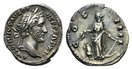 Antoninus Pius (138-161). AR Denarius (18mm, 3.24g, 6h). Rome, 148-9. Laureate head r. R/ Annona standing l. holding corn ears and anchor; modius to l...