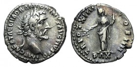 Antoninus Pius (138-161). AR Denarius (17mm, 3.19g, 6h). Rome, 151-2. Laureate head r. R/ Pax standing l., holding branch in her r. hand and long scep...