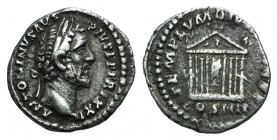 Antoninus Pius (138-161). AR Denarius (17mm, 3.21g, 6h). Rome, AD 159. Laureate head r. R/ Octastyle temple within which are seated the figures of Div...