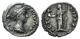 Diva Faustina Senior (died AD 140/1). AR Denarius (18mm, 3.27g, 6h). Rome, after 141. Draped bust r. R/ Aeternitas standing l., holding globe and rudd...