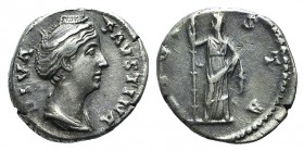 Diva Faustina Senior (died AD 140/1). AR Denarius (16mm, 3.72g, 1h). Rome, after 141. Draped bust r., hair coiled on top of head. R/ Ceres standing fa...