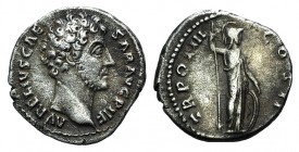 Marcus Aurelius (Caesar, 139-161). AR Denarius (17mm, 3.17g, 1h). Rome, 148-9. Bare head r. R/ Minerva standing r., holding spear and resting hand on ...