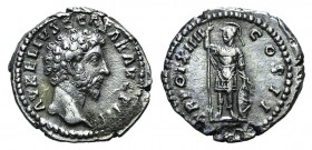 Marcus Aurelius (Caesar, 139-161). AR Denarius (17mm, 3.38g, 6h). Rome, 159-160. Bare head r. R/ Virtus standing l., holding inverted spear and restin...