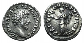 Marcus Aurelius (161-180). AR Denarius (16mm, 3.44g, 5h). Rome, AD 162. Laureate head r. R/ Providentia standing facing, head l., holding globe and co...