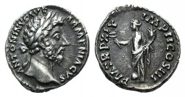 Marcus Aurelius (161-180). AR Denarius (17mm, 3.28g, 6h). Rome, 165-6. Laureate head r. R/ Liberalitas standing l., holding abacus and cornucopiae. RI...