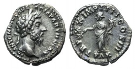 Marcus Aurelius (161-180). AR Denarius (18mm, 3.27g, 12h). Rome, AD 166. Laureate head r. R/ Pax standing l., holding branch in her r. hand and cornuc...