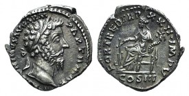 Marcus Aurelius (161-180). AR Denarius (18mm, 3.42g, 12h). Rome, AD 162. Laureate head r. R/ Fortuna seated l., holding rudder and cornucopia. RIC III...
