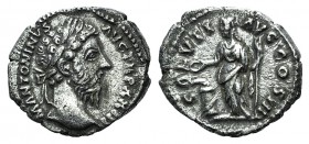 Marcus Aurelius (161-180). AR Denarius (19mm, 3.02g, 12h). Rome, AD 169. Laureate head r. R/ Salus standing l., feeding serpent entwined around altar ...