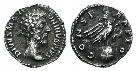 Divus Marcus Aurelius (died 180). AR Denarius (17mm, 2.46g, 6h). Rome, AD 180. Bare head r. R/ Eagle standing r. on globe, head l. RIC III 273 (Commod...