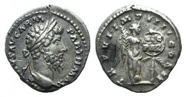 Lucius Verus (161-169). AR Denarius (17mm, 3.20g, 12h). Rome, AD 166. Laureate head r. R/ Victory standing r. with palm branch, placing shield inscrib...