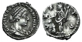 Lucilla (Augusta, 164-182). AR Denarius (17mm, 2.80g, 12h). Rome, 161-2. Draped bust r. R/ Vesta standing l., holding simpulum and palladium. RIC III ...