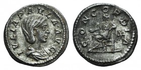Julia Paula (Augusta, 219-220). AR Denarius (18mm, 2.92g, 6h). Rome, AD 220. Draped bust r. R/ Concordia seated l., holding patera; star to r. RIC IV ...