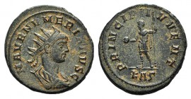 Numerian (Caesar, AD 282). Radiate (21mm, 4.12g, 12h). Rome. Radiate and cuirassed bust r. R/ Numerian standing l., holding globe and sceptre; KAς. RI...