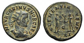Carinus (283-285). Radiate (20mm, 3.86g, 6h). Cyzicus, 283-5. Radiate, draped and cuirassed bust r. R/ Emperor standing r., holding sceptre and receiv...
