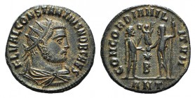 Constantius I (Caesar, 293-305). Æ Radiate (19mm, 3.06g, 12h). Antioch, AD 296. Radiate, draped and cuirassed bust r. R/ Emperor standing r., holding ...