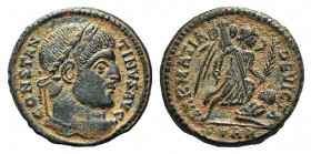 Constantine I (307/310-337). Æ Follis (18mm, 3.50g, 6h). Arelate, 322-3. Laureate bust r. R/ Victory advancing r., holding trophy and palm; bound capt...