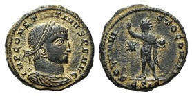 Constantine I (307/310-337). Æ Follis (18mm, 3.32g, 6h) Siscia, AD 317. Laureate, draped and cuirassed bust r. R/ Sol standing l., chlamys across l. s...