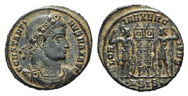Constantine I (307/310-337). Æ Follis (18mm, 2.28g, 12h). Siscia, 334-5. Rosette-diademed, draped and cuirassed bust r. R/ Two soldiers, each holding ...