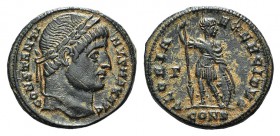 Constantine I (307/310-337). Æ Follis (19mm, 3.48g, 12h). Constantinople, 327-8. Diademed head r. R/ Soldier standing facing, head r., holding shield ...