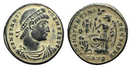 Constantine I (307-337). Æ Follis (19mm, 3.11g, 6h). Constantinople, AD 328. Diademed, draped and cuirassed bust r. R/ Victory seated l. on cippus, lo...