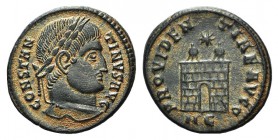 Constantine I (307/310-337). Æ Follis (19mm, 3.36g, 12h). Nicomedia, 326-7. Laureate head r. R/ Camp gate with two turrets, star above; NE. RIC VII 14...