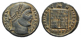 Constantine I (307/310-337). Æ Follis (18mm, 3.08g, 12h). Antioch, 326-7. Laureate head r. R/ Camp-gate with no doors and two turrets, star above; SMA...