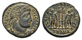 Constantine I (307/310-337). Æ Follis (16mm, 2.89g, 12h). Antioch, c. 333-5. Rosette-diademed, draped and cuirassed bust r. R/ Two soldiers standing f...