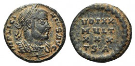 Licinius I (308-324). Æ Follis (16mm, 2.94g, 12h). Thessalonica, 318-9. Laureate and cuirassed bust r. R/ VOT XX/ MVLT / •XXX•, legend in three lines ...