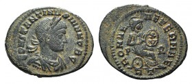 Constantine II (Caesar, 316-337). Æ Follis (22mm, 3.20g, 6h). Rome, 318-9. Laureate, draped and cuirassed bust r. R/ Roma seated r. on shield, inscrib...
