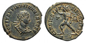 Constantine II (Caesar, 316-337). Æ Follis (19mm, 2.67g, 12h). Ticinum, 317-8. Laureate, draped and cuirassed bust l. R/ Sol advancing r., holding whi...