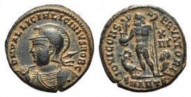 Licinius II (Caesar, 317-324). Æ Follis (18mm, 3.74g, 5h). Antioch, 321-3. Helmeted and cuirassed bust l., holding spear over should, shield on l. arm...