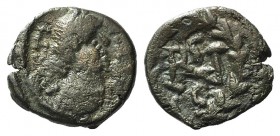 Ostrogoths, Athalaric (526-534). Æ (10mm, 1.02g, 12h). Ravenna, in the name of Justinian. Diademed, draped and cuirassed bust r. R/ Monogram within wr...