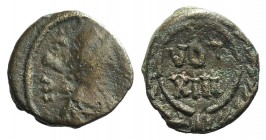 Justinian I (527-565). Æ Nummus (9mm, 0.76g, 9h). Carthage, 539-543. Diademed, draped and cuirassed bust r. R/ VOT/ XIII in two lines within wreath. M...