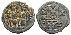 Justin II and Sophia (565-578). Æ 40 Nummi (31mm, 13.56g, 6h). Cyzicus, year 10 (574/5). Justin, holding globus cruciger, and Sophia, holding crucifor...