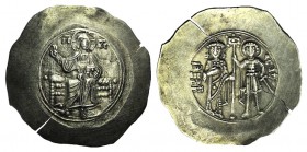 John II Comnenus (1118-1143). EL Aspron Trachy (33mm, 4.41g, 6h). Thessalonica, 1118-1143(?). Christ Pantokrator enthroned facing. R/ John and St. Geo...