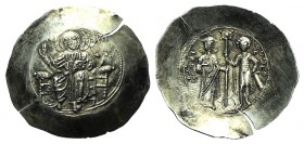 John II Comnenus (1118-1143). EL Aspron Trachy (32mm, 4.25g, 6h). Thessalonica, 1118-1143(?). Christ Pantokrator enthroned facing. R/ John and St. Geo...