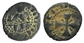 Cilician Armenia. Guy (Gosdantin II (1342-1344). Æ Pogh (15mm, 1.34g). King seated facing, holding cross and fleur-de-lis. R/ Cross. Cf. CCA 2040. Rar...