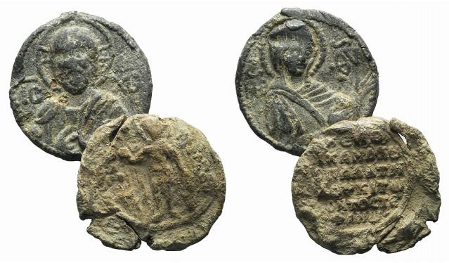 Lot of 2 Byzantine PB Seals (Bust of Christ / Bust of Theotokos; Saint standing ...
