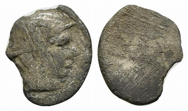 Etruria, Populonia, 3rd century BC. AR 5 Asses (12mm, 1.21g). Head of Turms r., ...