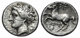 Northern Apulia, Arpi, c. 325-275 BC. AR Didrachm (21mm, 6.91g, 12h). Dazos, magistrate(?). Wreathed head of Demeter l.; kantharos behind. R/ Horse pr...