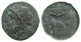 Northern Apulia, Arpi, 3rd century BC. Æ (21mm, 7.30g, 9h). Laureate head of Zeus l. R/ Boar r.; spear above. HNItaly 642; SNG ANS 635-8. Green patina...