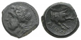 Northern Apulia, Arpi, c. 325-275 BC. Æ (14mm, 3.54g, 6h). Laureate head of Zeus l.; thunderbolt behind. R/ Forepart of boar r., spear above. HNItaly ...